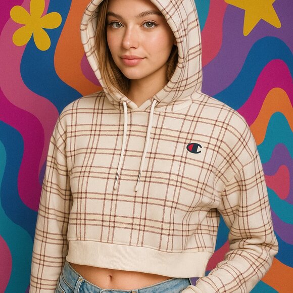 Champion Reverse Weave Plaid Cropped Comfy Fleece Hoodie Sz S Sporty Trendy Y2K - Picture 1 of 8